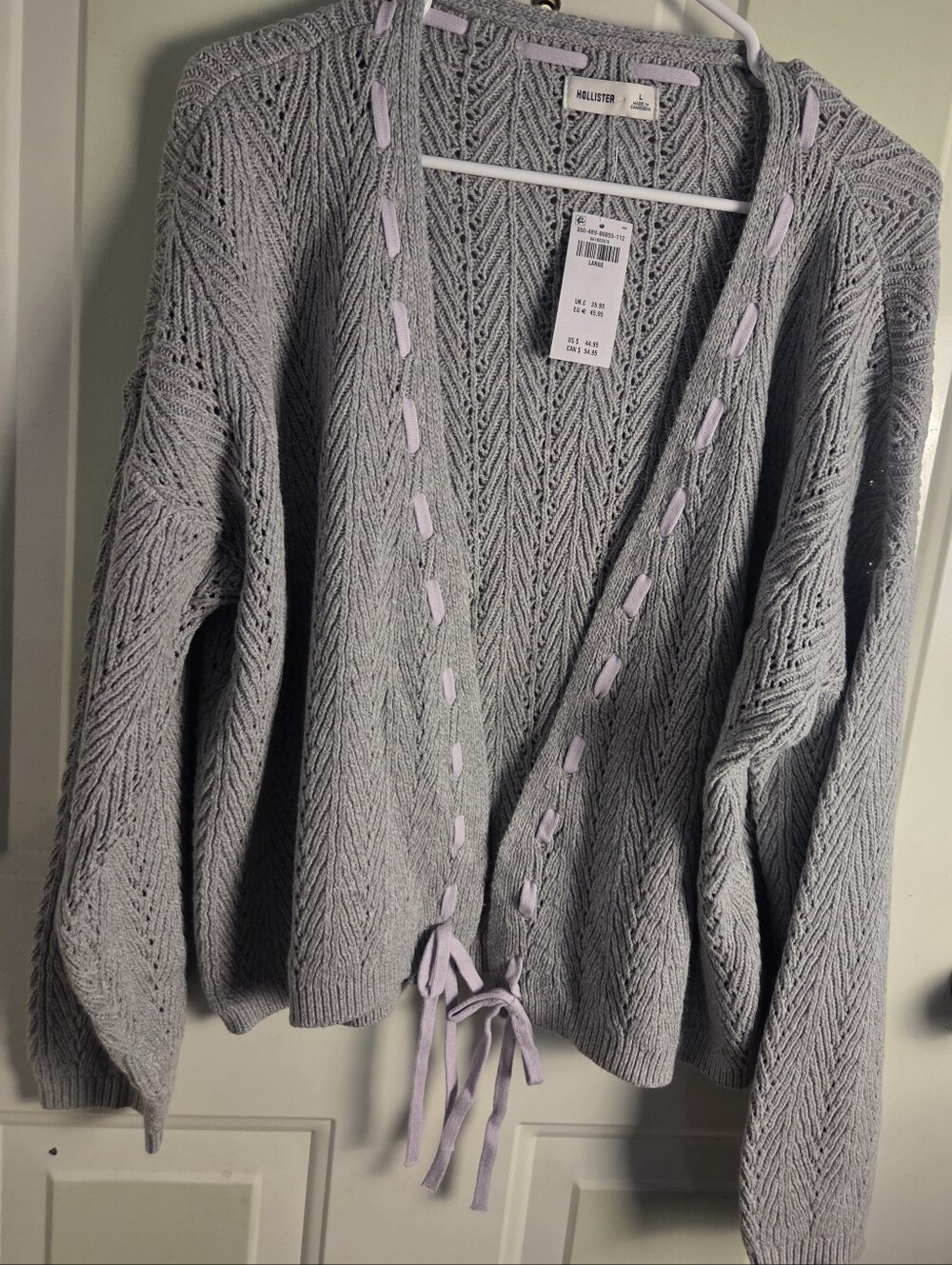Hollister Light Gray Open-Knit Cardigan with Lilac Ribbon Detail